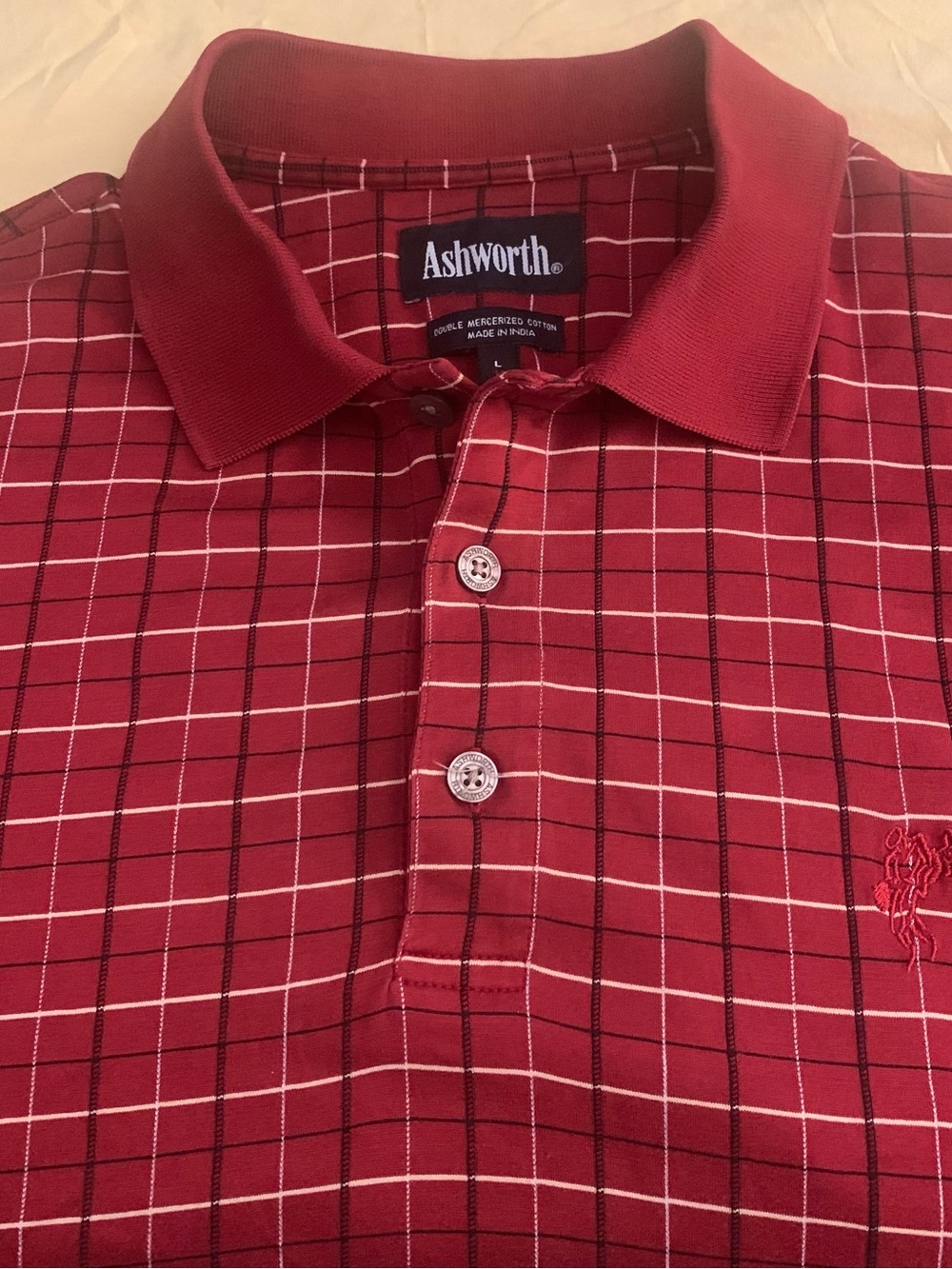 ASHWORTH SS Red w Tan & Navy 3 Botton Polo